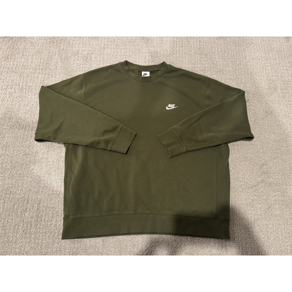 Nike Mens Olive Green Crew Neck Fleece Sweatshirt Logo Pullover XXL